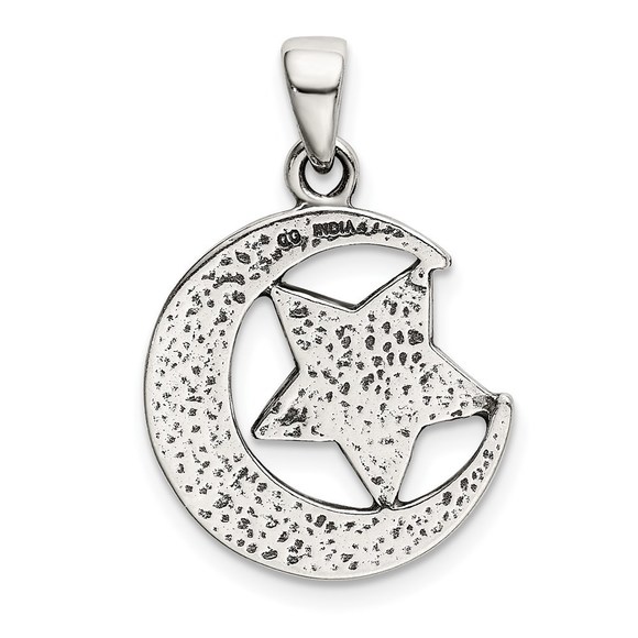 Sterling Silver LOVE YOU TO THE MOON Antiqued Star and Moon Pendant - Picture 3 of 4
